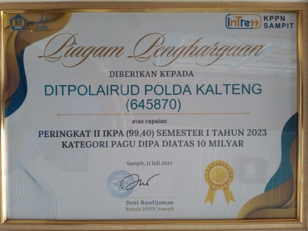 Ditpolairud Kembali Raih Penghargaan Dari KPPN Sampit